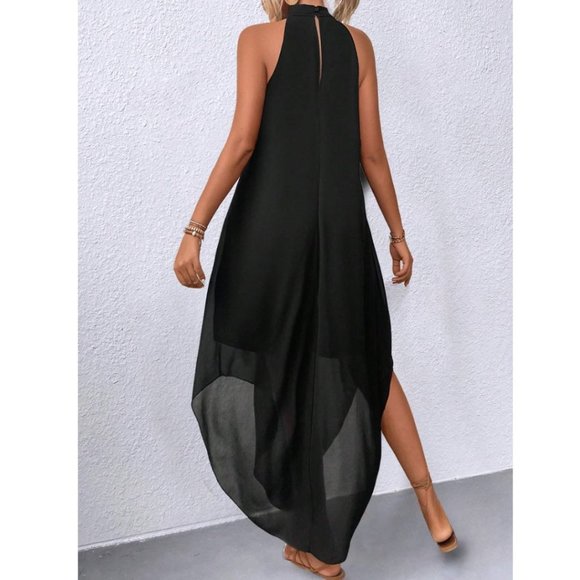 Black Layer Halter Dress With Circular Hemline - Picture 2 of 8